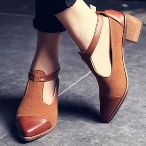T-strap Pointed Oxford Block Heel